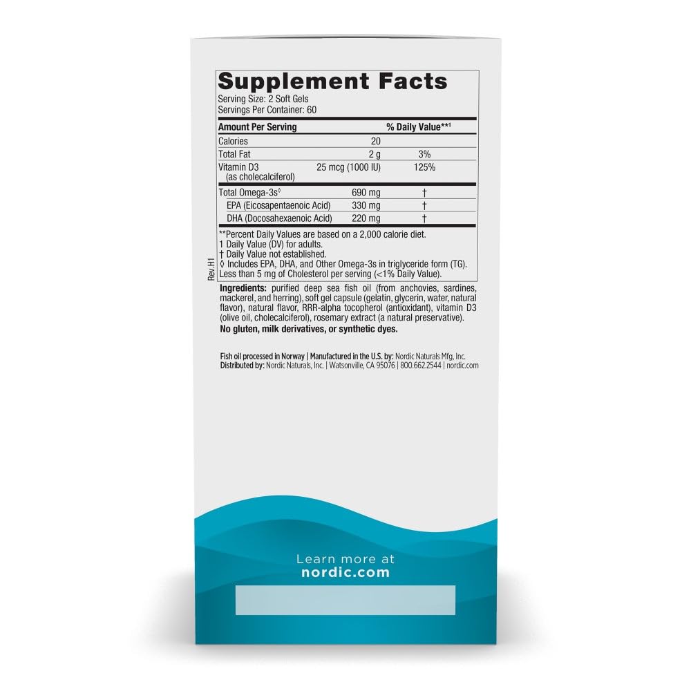 Gélules Omega-3D citron Nordic Naturals, goût agréable et absorption potentielle.