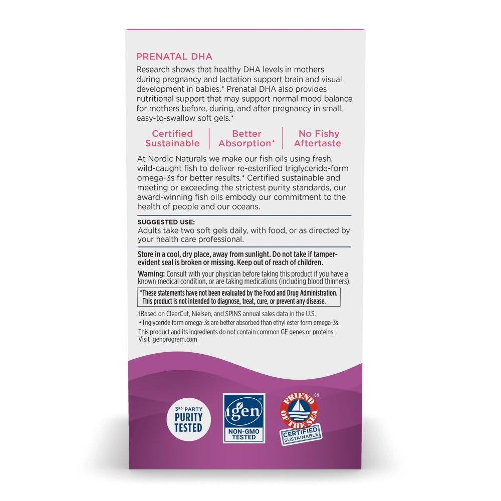 Capsules Nordic Naturals Prenatal DHA gélules et oméga-3 pour usage quotidien.