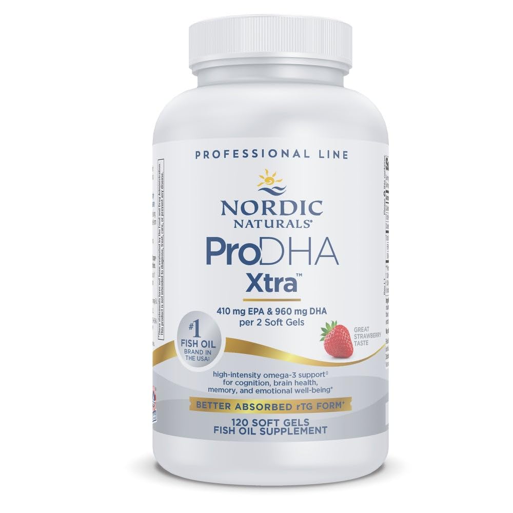 Nordic Naturals ProDHA 1000 fraise, bouteille prête à l’emploi, goût fruité pour une routine quotidienne.