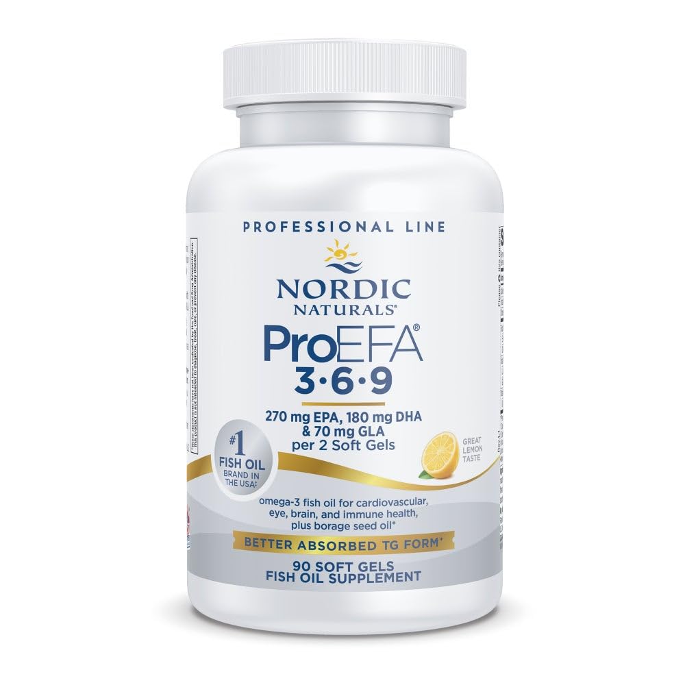 Nordic Naturals ProEFA 3-6-9 en bouteille citron, goût frais et facilité d’utilisation.