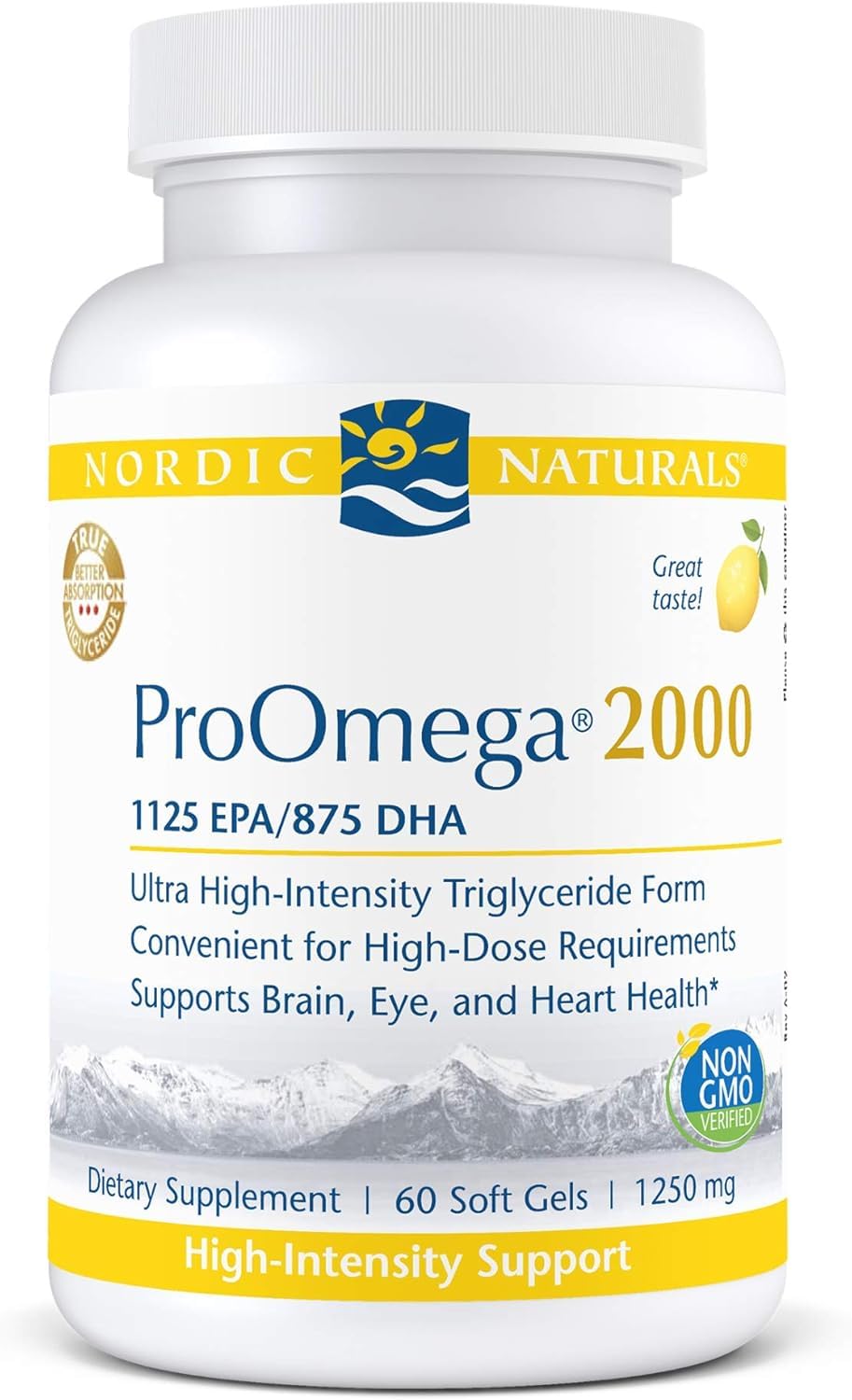 Bouteille ProOmega 2000 Nordic Naturals, gélules citron, soutien possible pour cœur et cerveau.