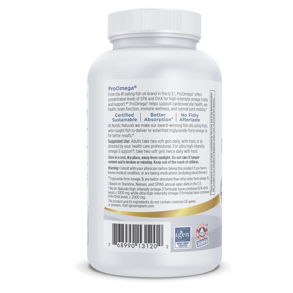 Nordic Naturals ProOmega – étiquette claire indiquant oméga-3 et ingrédients non-OGM.