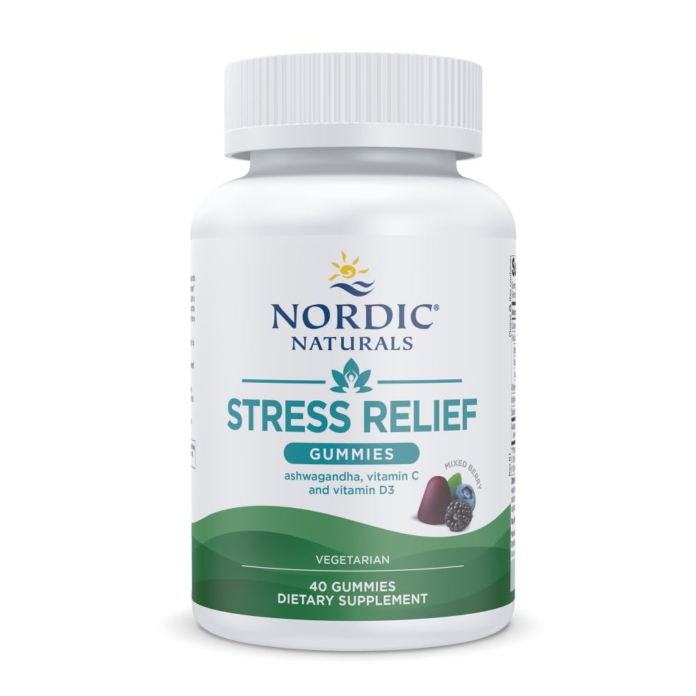 Gommes Stress Relief Nordic Naturals dans l'emballage, goût fruits rouges pour le bien-être quotidien.