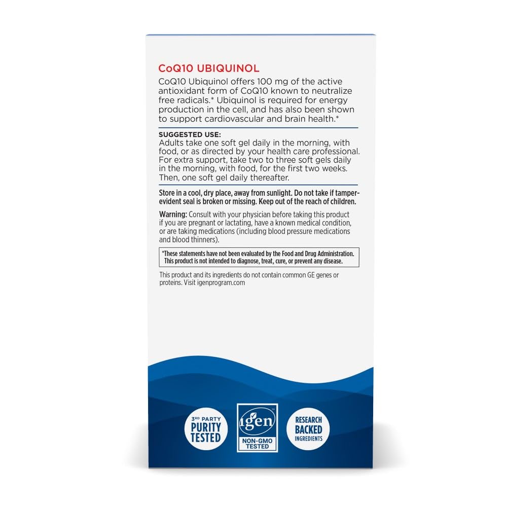 Étiquette sans OGM et sans gluten sur l'emballage Ubiquinol Nordic Naturals