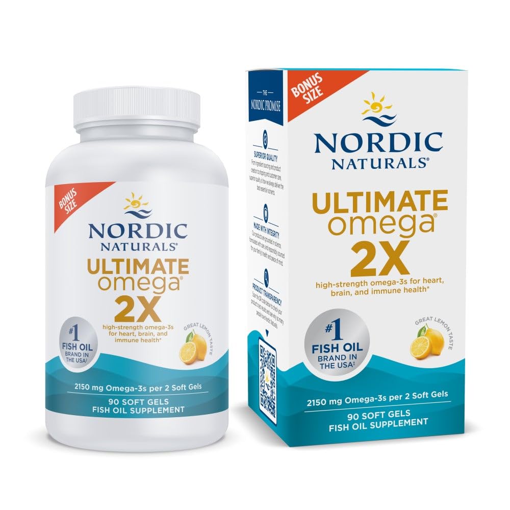 Nordic Naturals Ultimate Omega 2X, bouteille de gélules citron pour soutien potentiel cœur et cerveau.