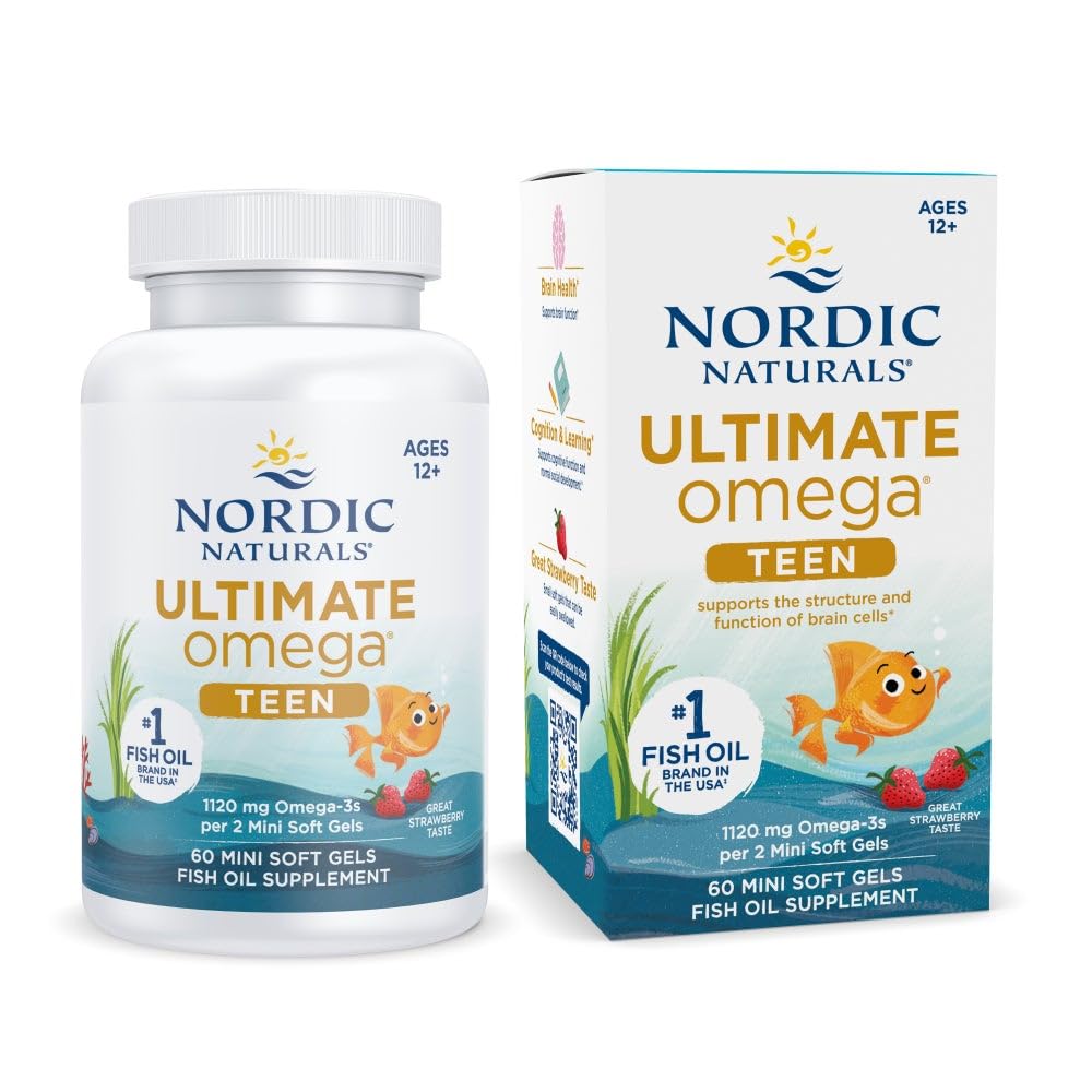 Gélules fraise Nordic Naturals Ultimate Omega 2X Teen, soutien cérébral potentiel.