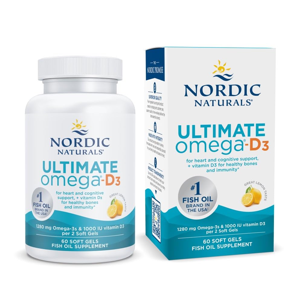 Nordic Naturals Ultimate Omega-D3: bouteille de gélules citron, pratique pour l'apport quotidien.
