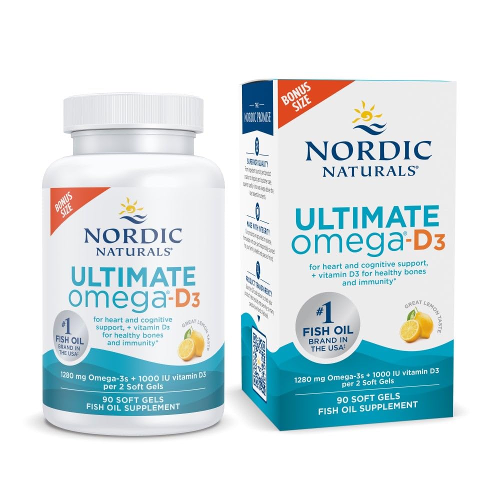 Nordic Naturals Ultimate Omega-D3, bouteille citron, goût frais et oméga-3 pratique.