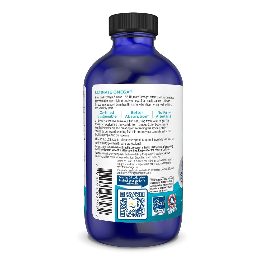 Nordic Naturals Ultimate Omega Liquide, étiquette lumineuse et rappel des oméga-3.