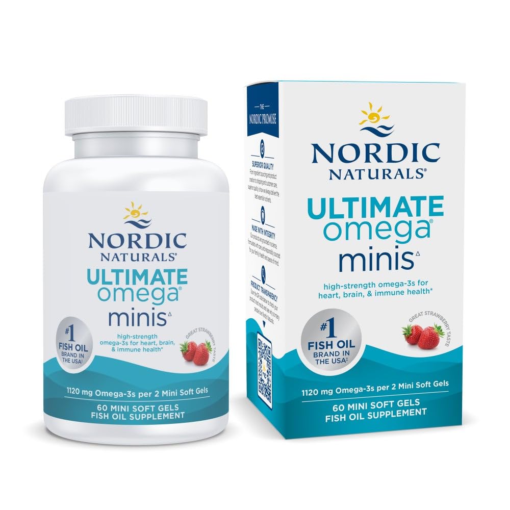 Nordic Naturals Ultimate Omega Minis saveur fraise, gélules faciles à avaler pour l'apport oméga-3.