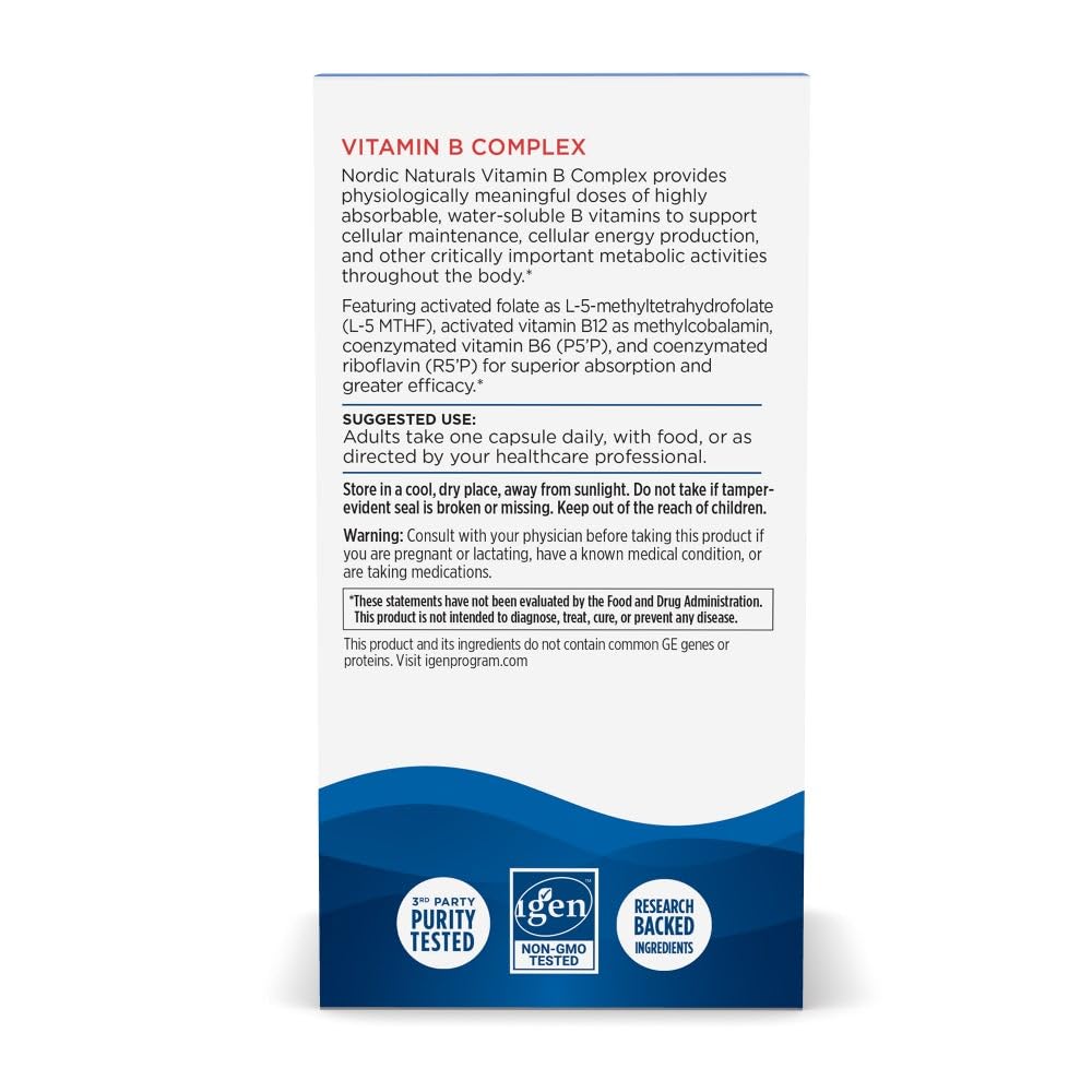 Étiquette claire du Nordic Naturals Vitamin B Complex sur l'emballage.