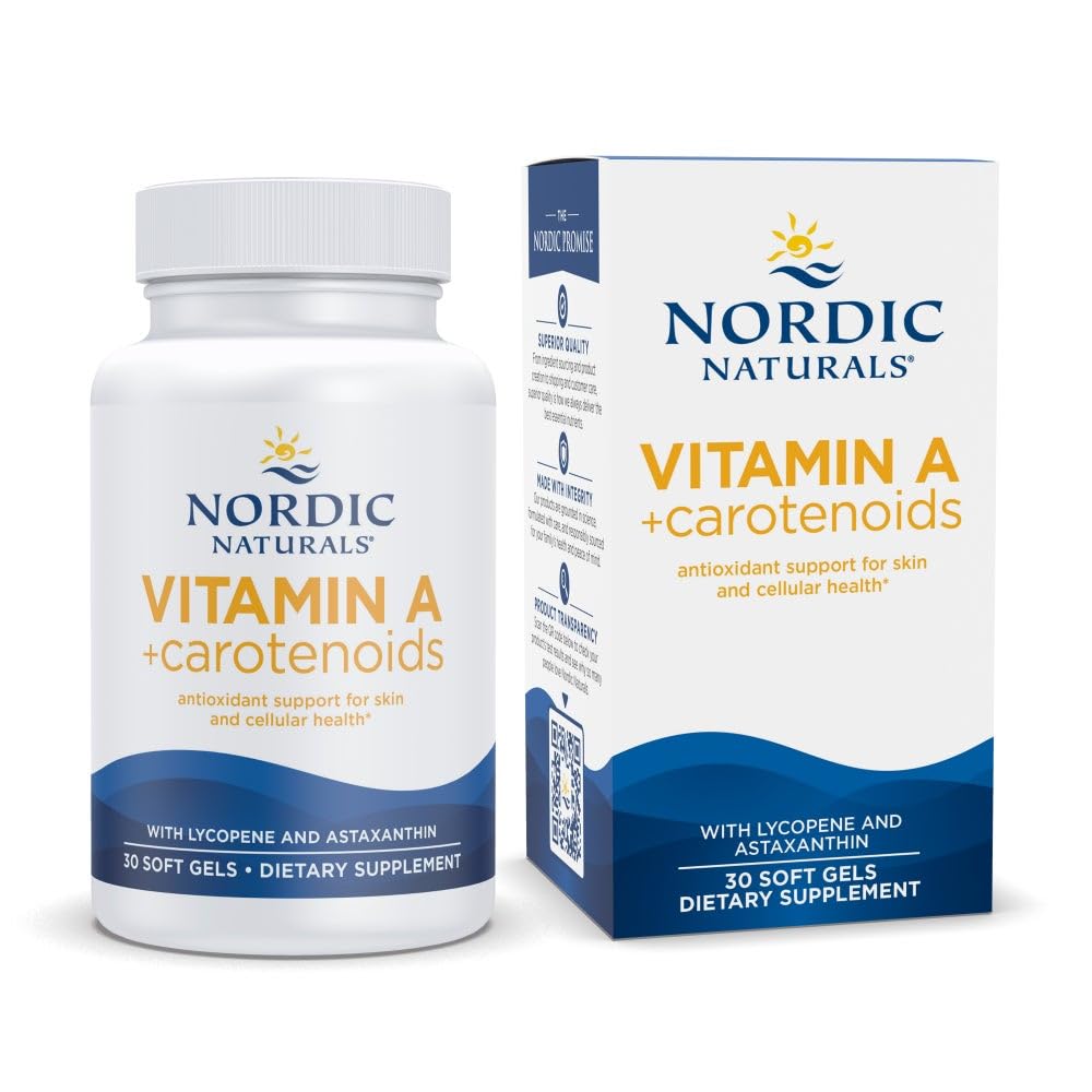 Bouteille Nordic Naturals Vitamine A et caroténoïdes prête pour la routine quotidienne.