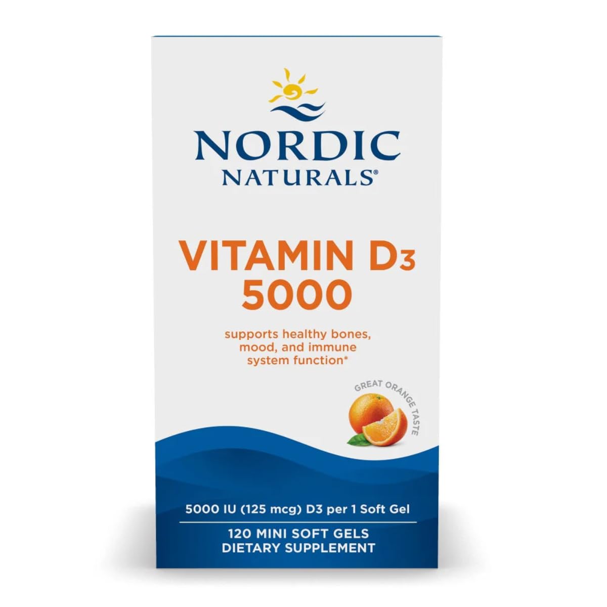 Nordic Naturals Vitamine D3 5000, gélules mini orange dans la bouteille, soutien potentiel des os.