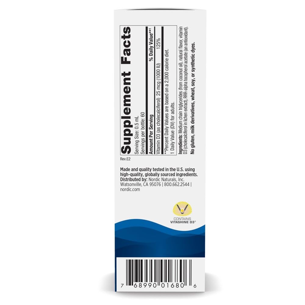 Nordic Naturals Vitamine D3 liquide – pipette doseuse pour dosages précis.