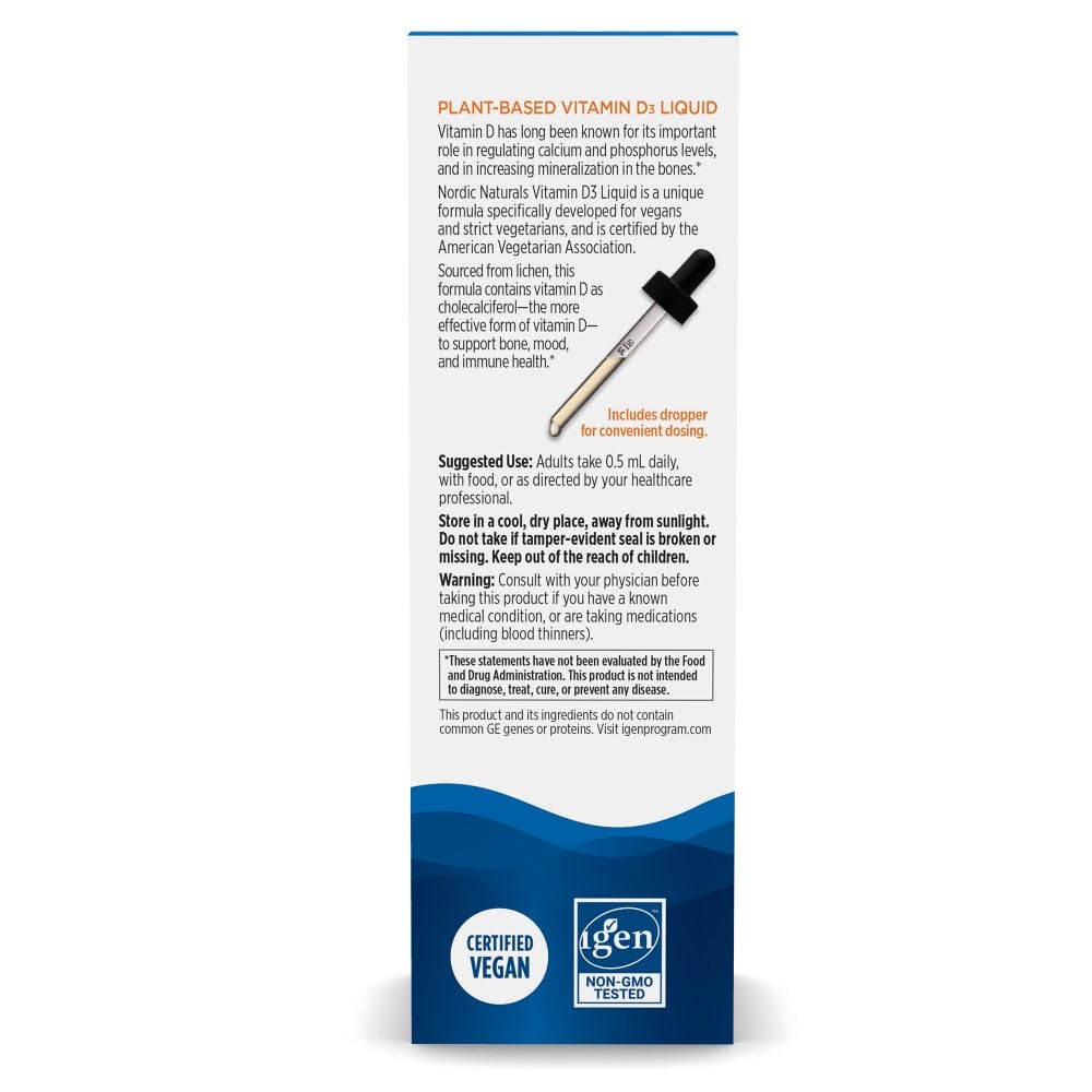 Nordic Naturals Vitamine D3 liquide – gouttes claires faciles à mesurer pour boissons.