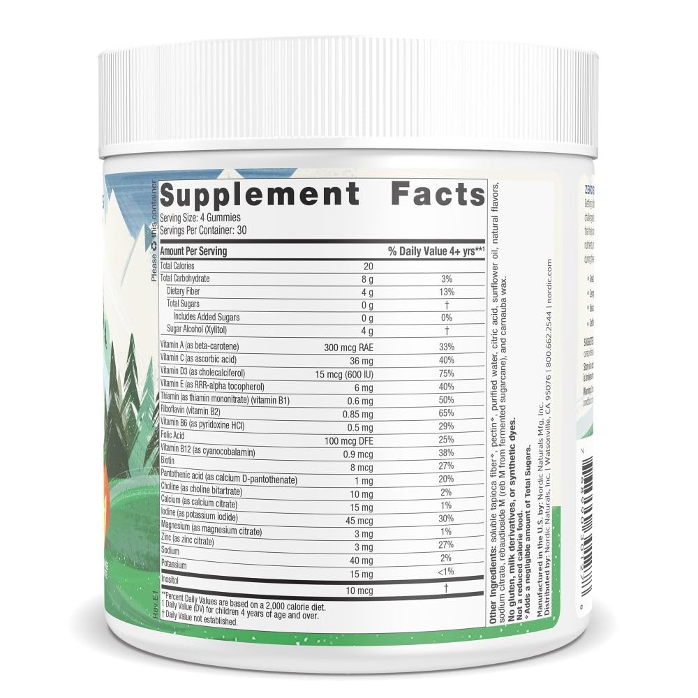 Étiquette transparente Nordic Naturals, gommes sans sucre, informations claires.