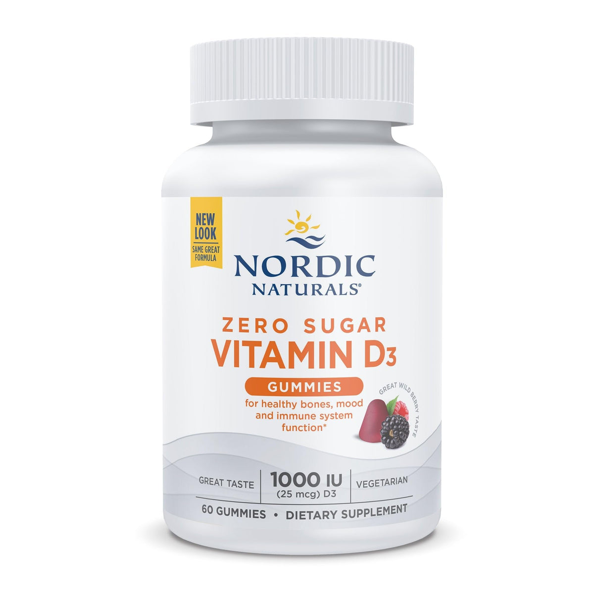 Gommes D3 sans sucre Nordic Naturals, saveur baies sauvages, soutien potentiel des os et immunité.
