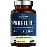 NordVida Probiotic bouteille montrant 60 milliards UFC pour le soutien digestif.