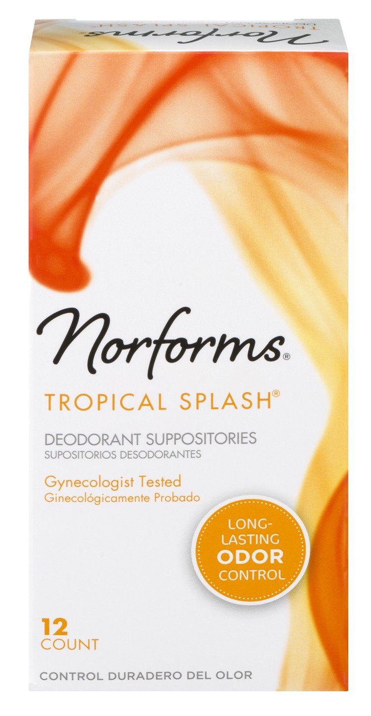 Suppositoires Norforms Tropical Splash, emballage pratique et discret pour usage à domicile.