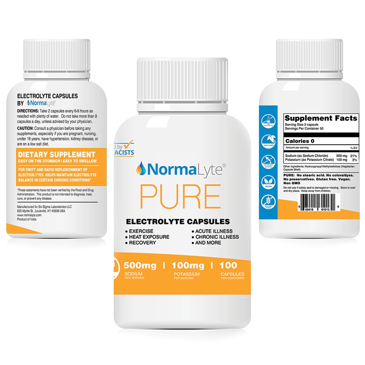 NormaLyte Pure Electrolyte Capsules : flacon et capsules montrant le dosage en sodium et potassium.