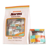 Lingettes Norms Wipe Outs emballage compact pour voyage.
