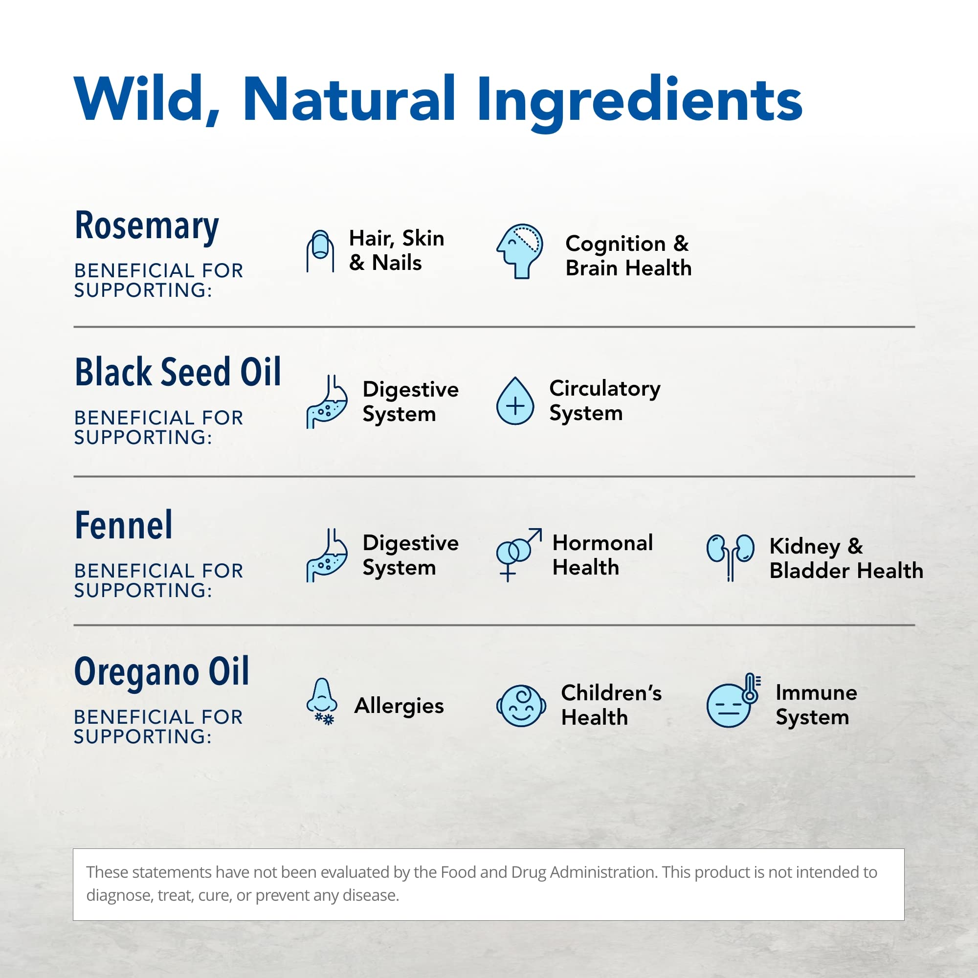 Composition naturelle de North American Herb & Spice: nigelle, cumin, fenouil, romarin et origan.
