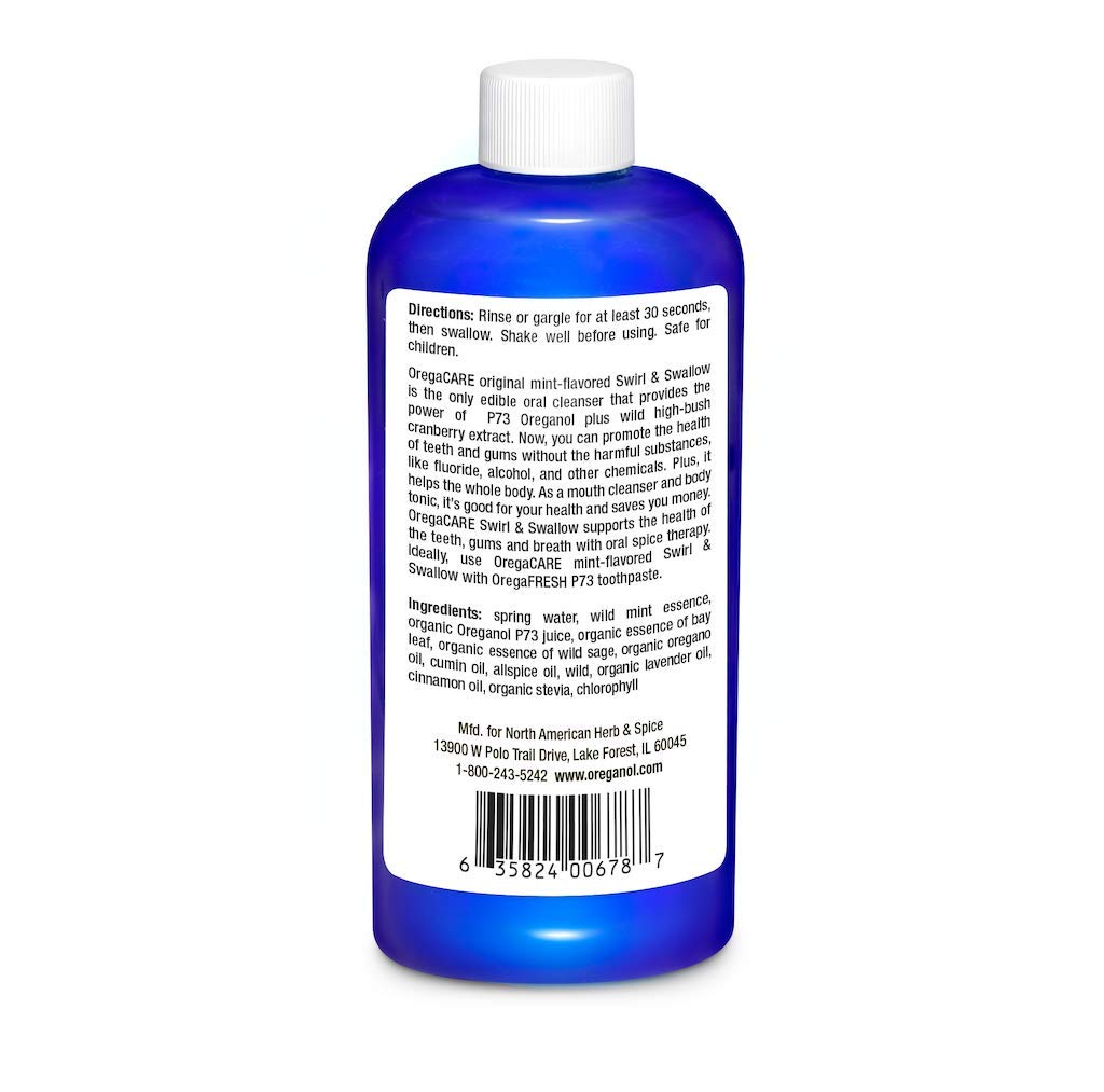 Utilisation quotidienne d'OregaCARE Swirl & Swallow menthe sauvage pour une haleine fraîche.