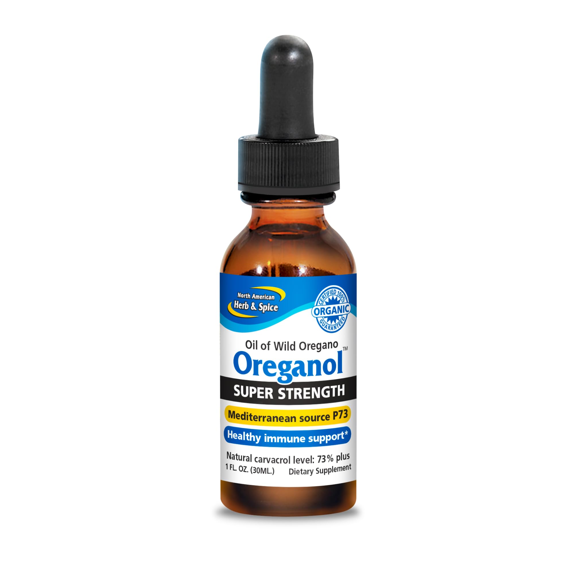 Oreganol P73 en bouteille, huile d'origan sauvage riche en arômes.