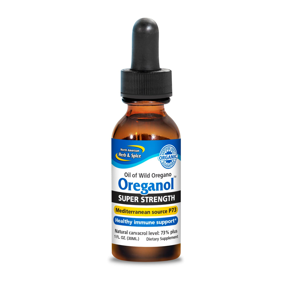 Oreganol P73 en bouteille, huile d'origan sauvage riche en arômes.