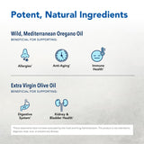 Oreganol P73: ingrédients entiers et bio, origan sauvage et huile d'olive.