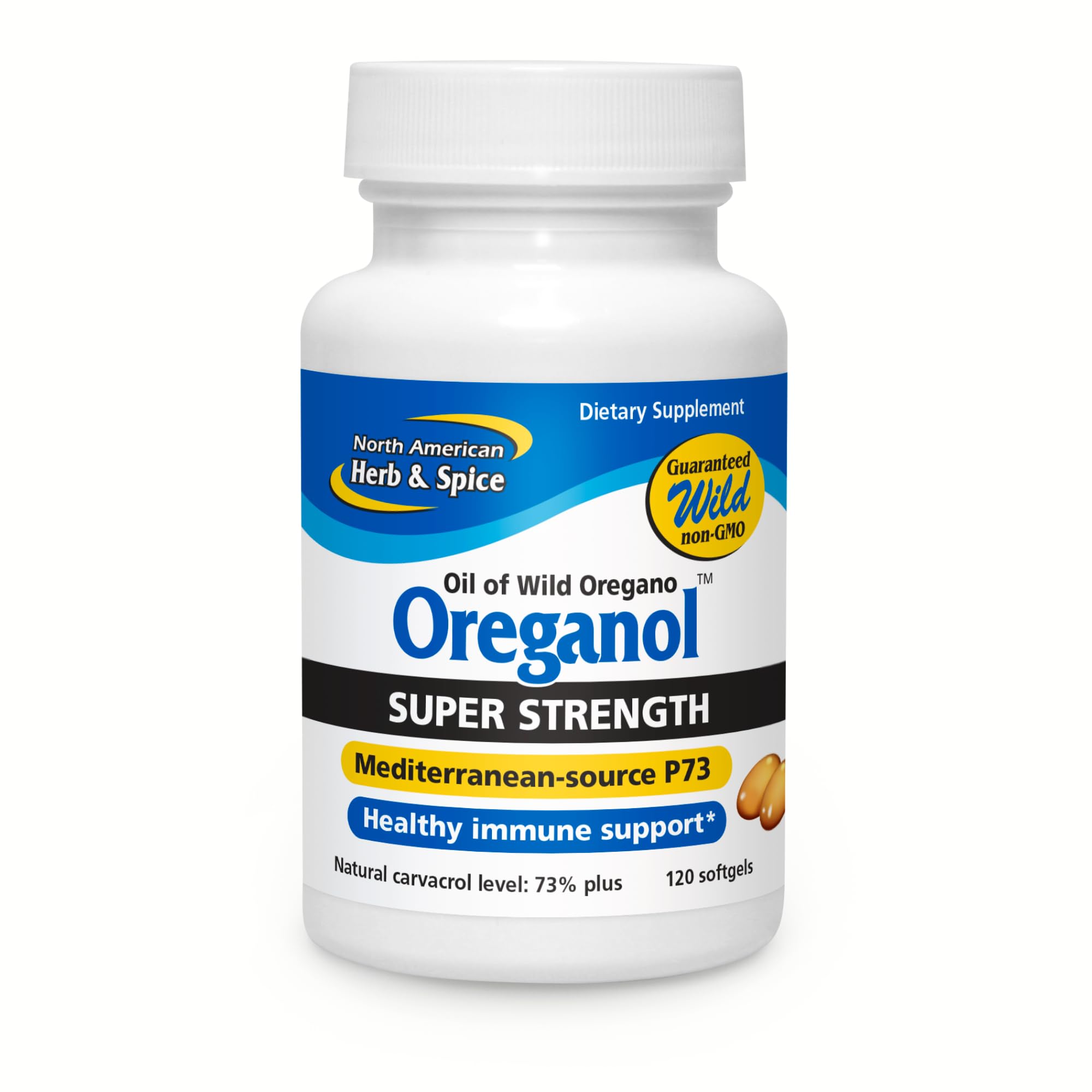 Oreganol P73 de North American Herb & Spice – bouteille montrant l'huile d'origan sauvage pour usage quotidien.