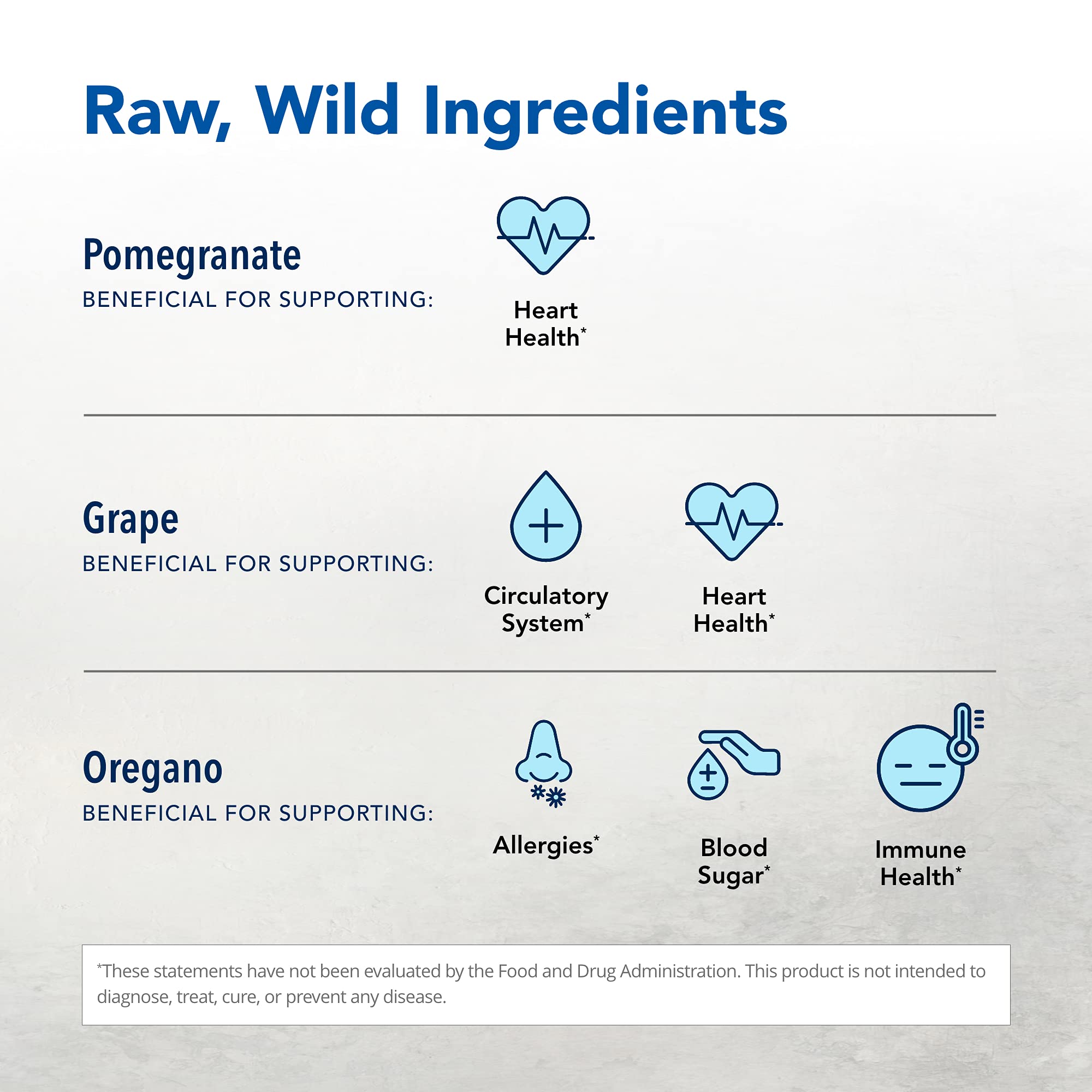 Ingrédients clés du Oreganol Juice: grenade et raisin pour une saveur naturelle.