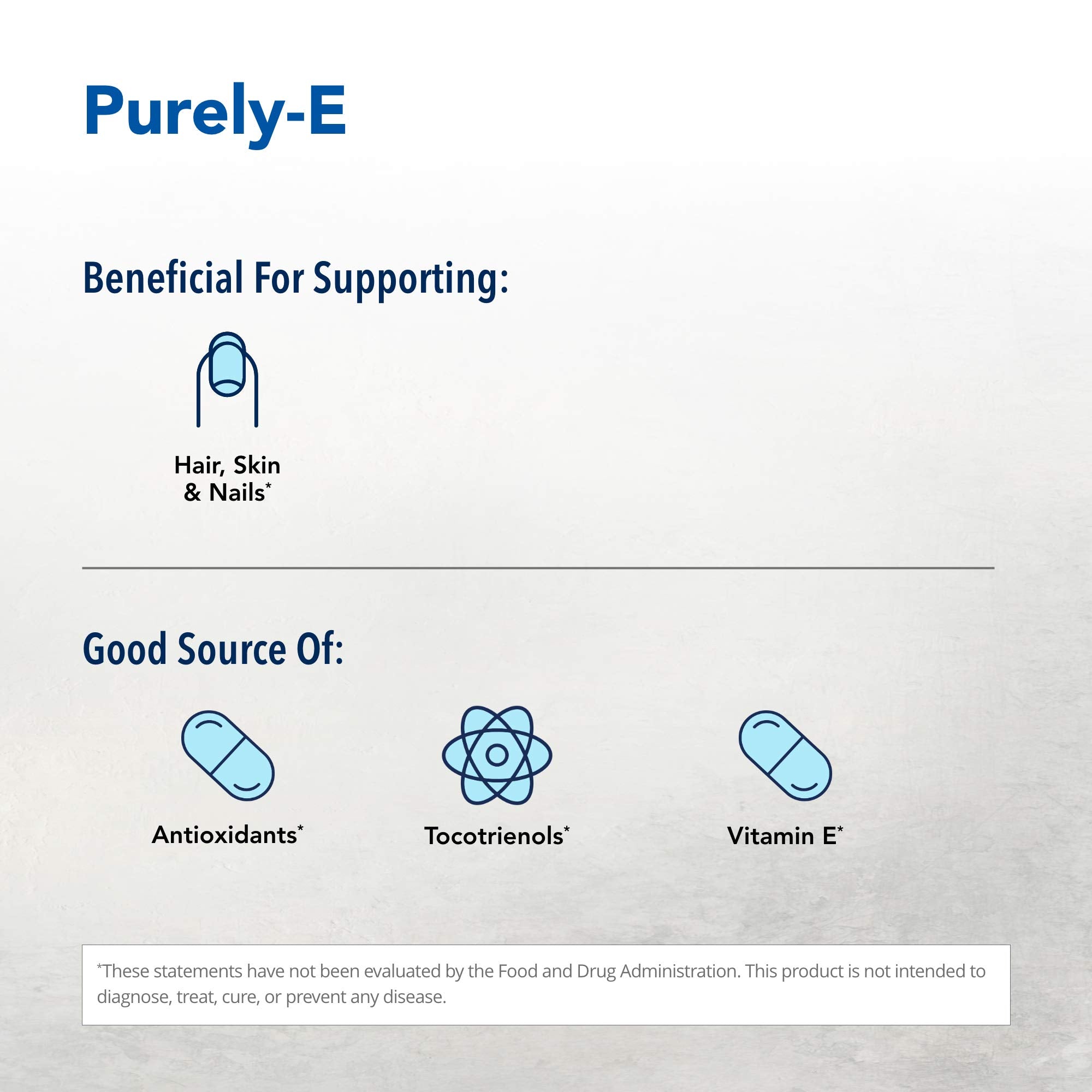 Purely-E, ingrédients clés issus de tournesol, citrouille et huile de palme rouge pour usage quotidien.