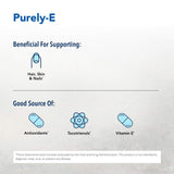 Purely-E, ingrédients clés issus de tournesol, citrouille et huile de palme rouge pour usage quotidien.