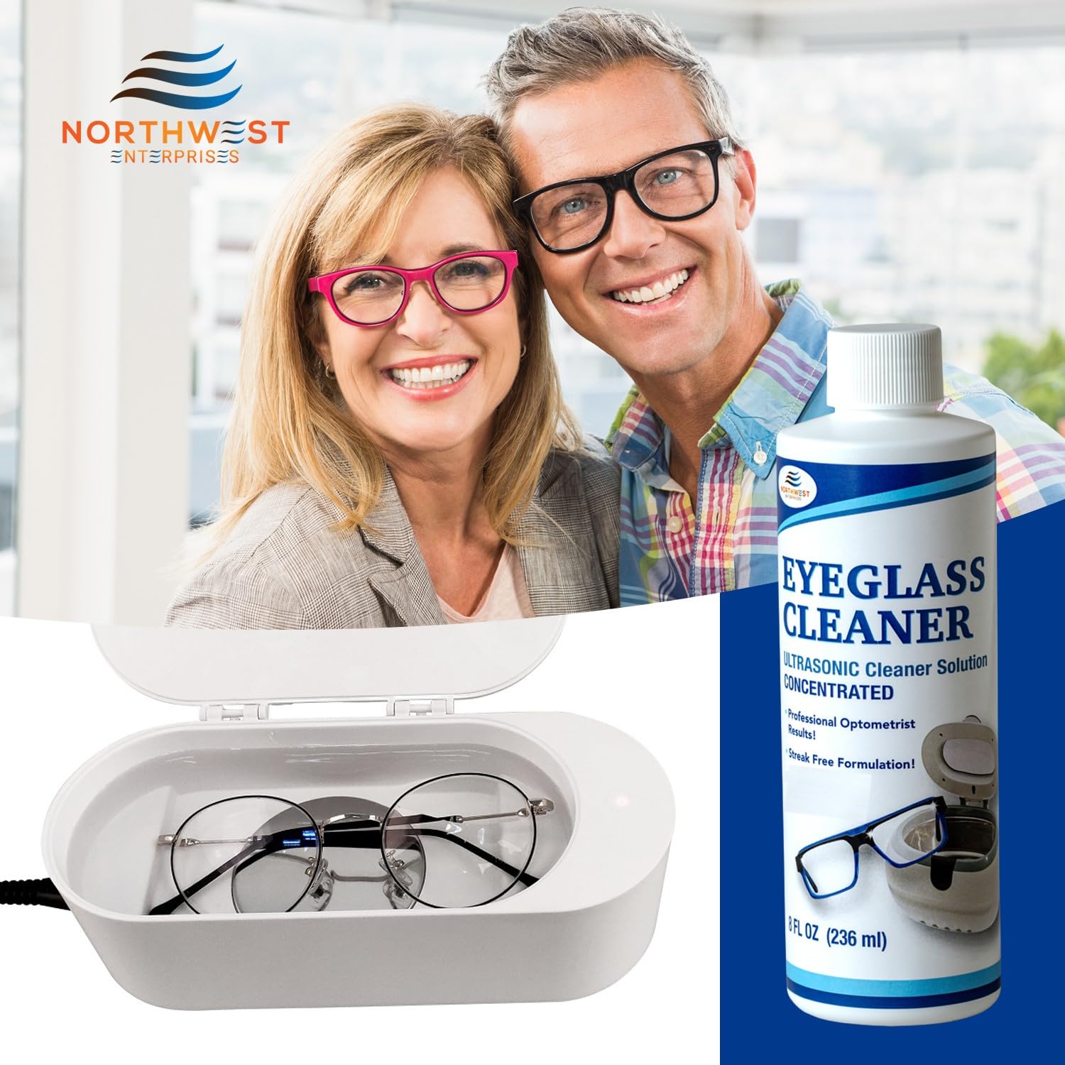 Pulvérisation de la solution sur lunettes pour rinçage et séchage rapide.