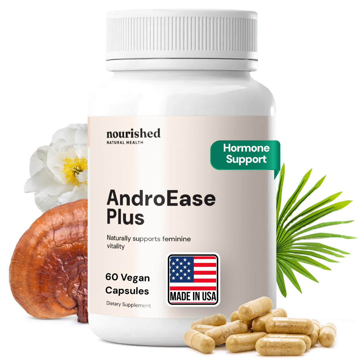 Nourished Natural Health AndroEase Plus, bouteille de capsules véganes pour l'équilibre quotidien.