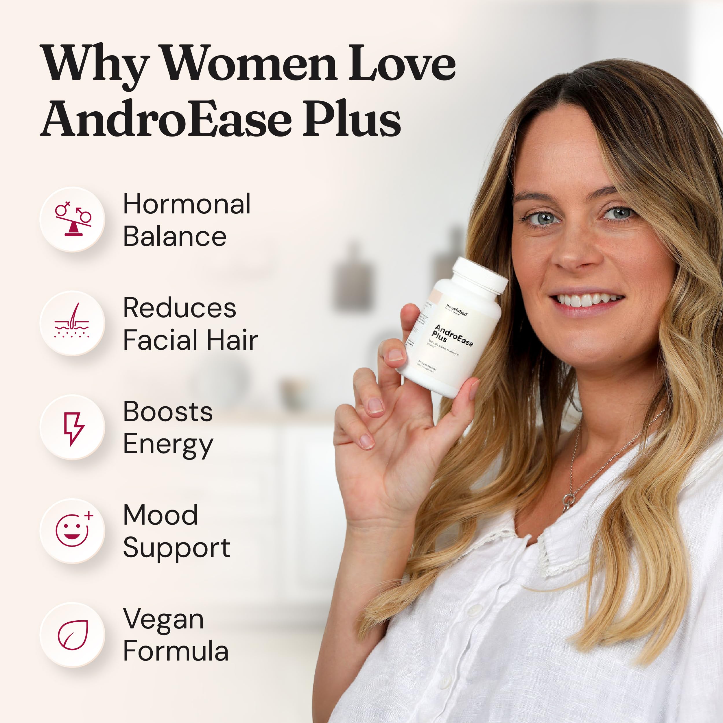 Nourished Natural Health AndroEase Plus emballage et fabrication françaises et États‑Unis.