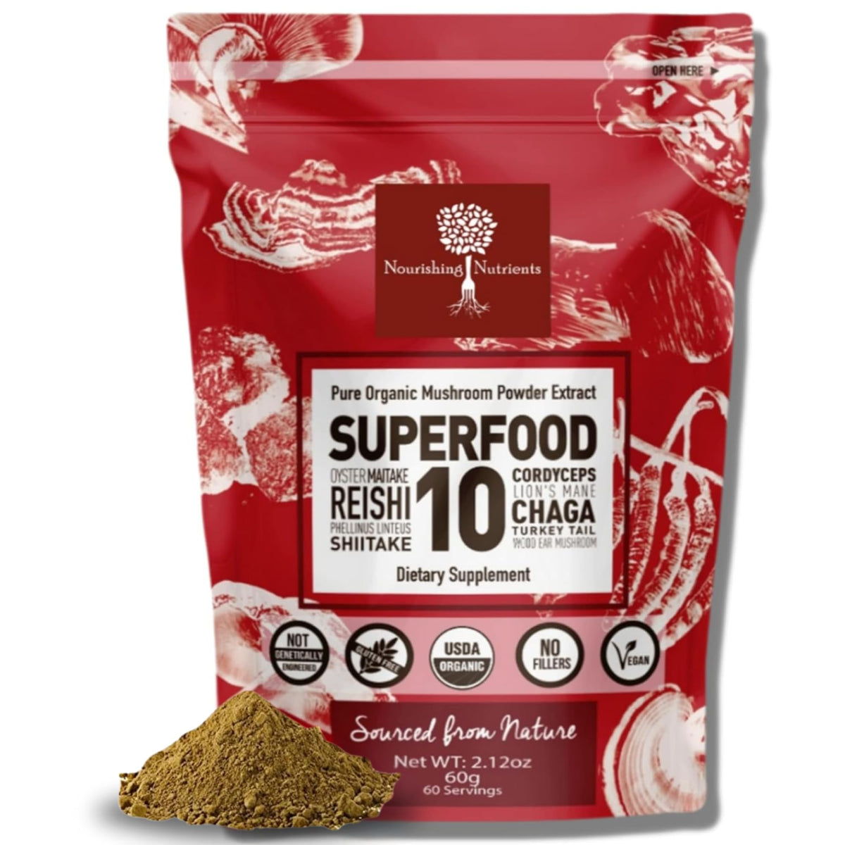 Nourishing Nutrients: bouteille-poudre-champignons, complément biologique pour énergie naturelle et bien-être.