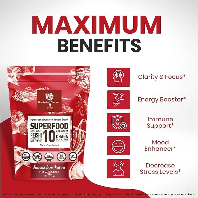 Nourishing Nutrients: mélange-dix-champignons-corps-fructifiant, soutien polyvalent et saveur subtile en boisson.