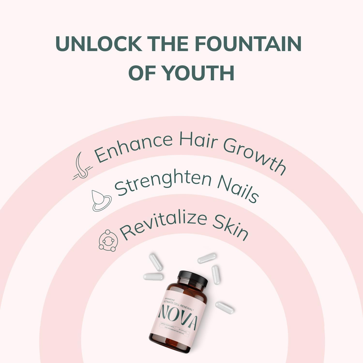 Nova Spermidine: bouteille blanche, présentation pratique pour une routine bien-être quotidienne.