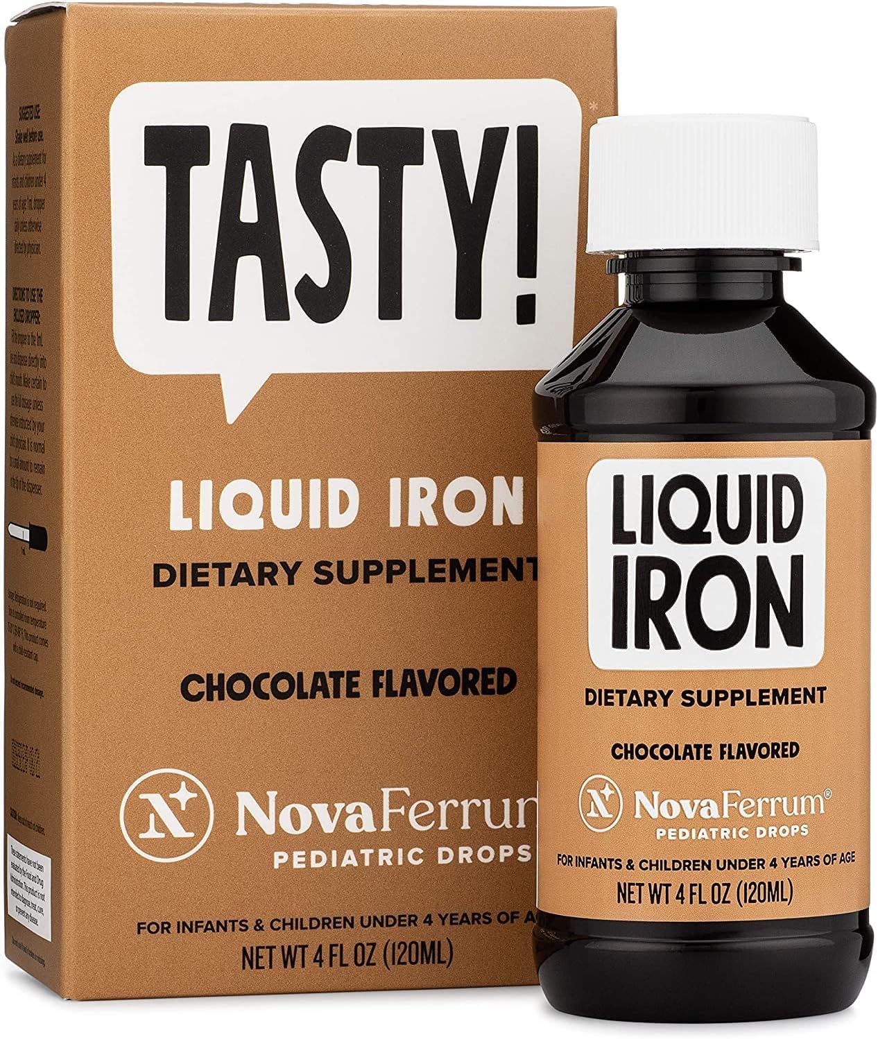 NovaFerrum Tasty, bouteille chocolat, apport en fer agréable pour les jeunes enfants.
