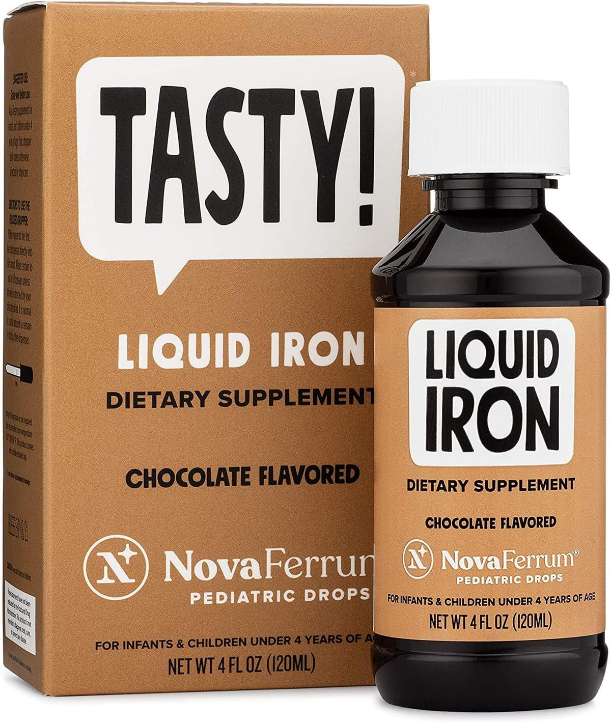 NovaFerrum Tasty, bouteille chocolat, apport en fer agréable pour les jeunes enfants.