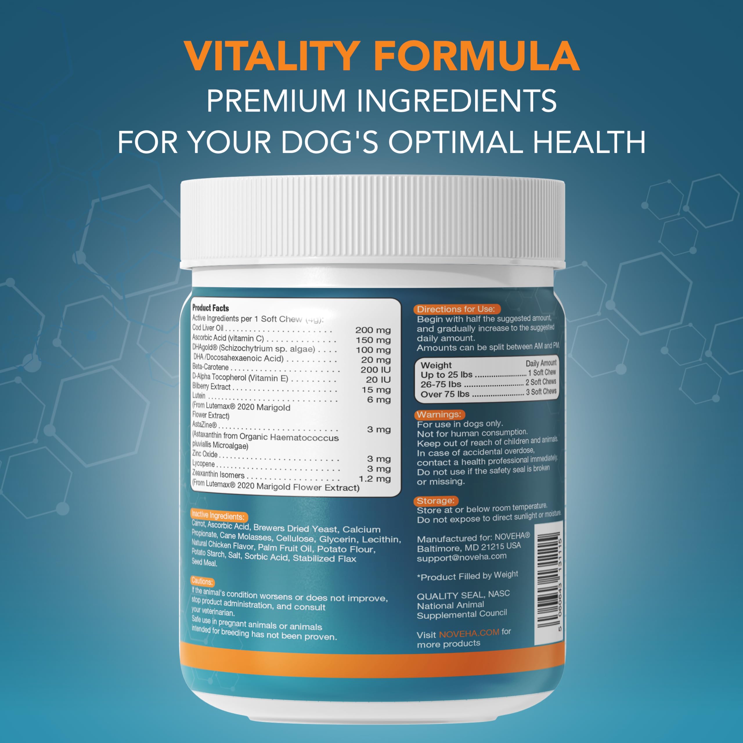 NOVEHA omega-3 lutéine astaxanthine pour chiens, soutien potentiel des yeux et du bien-être