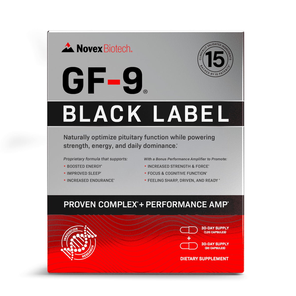 GF-9 Black Label de Novex Biotech – bouteille montrant le flacon, soutien énergie et concentration.
