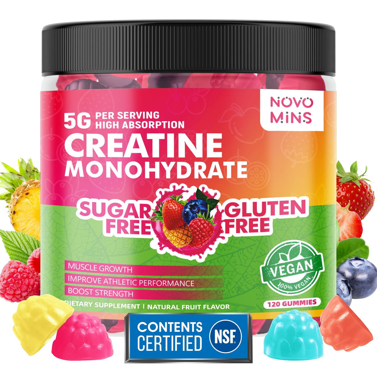 Gommes novomins creatine monohydrate en bouteille, soutien potentiel à la force