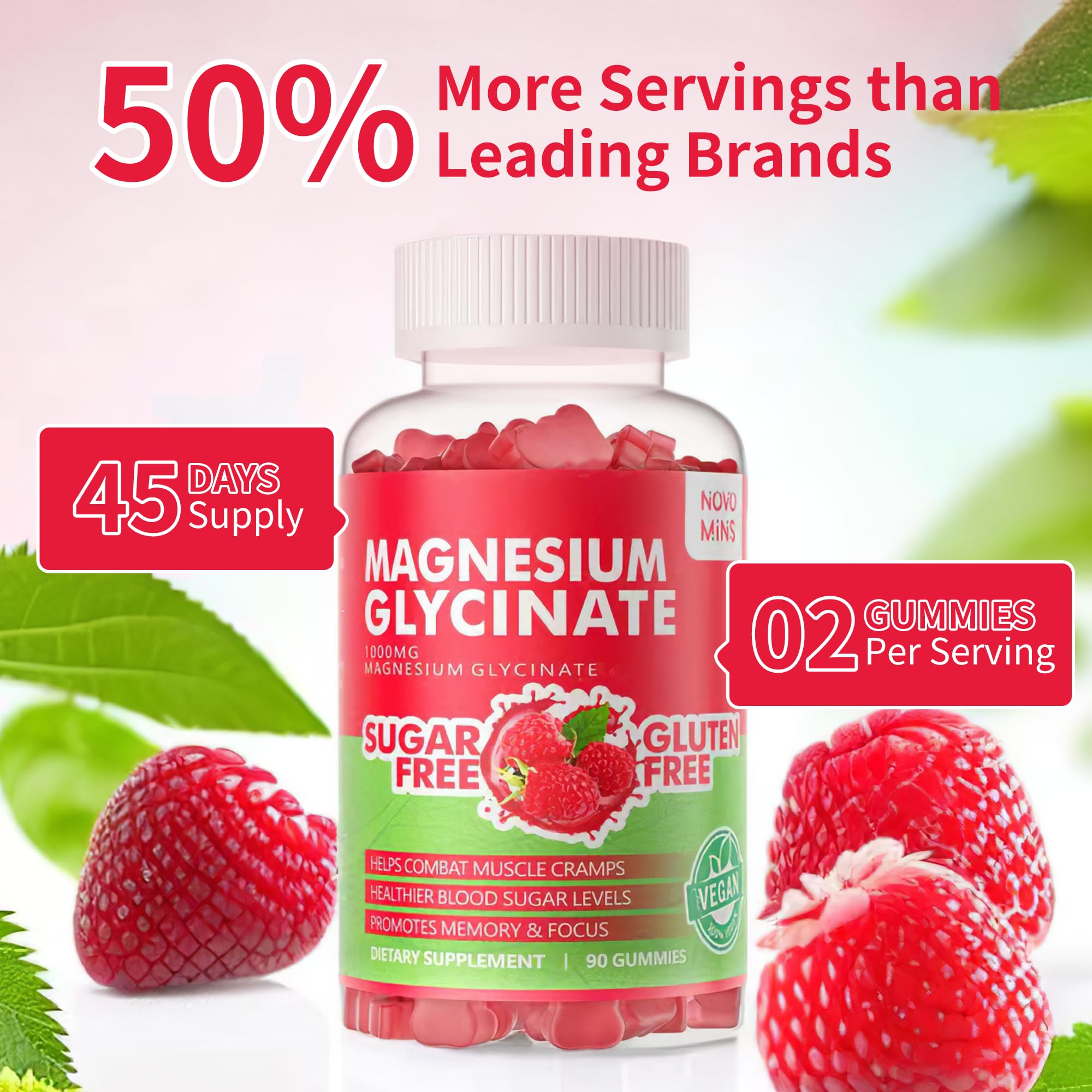 Gummies Novomins, texture molle et goût framboise agréable.