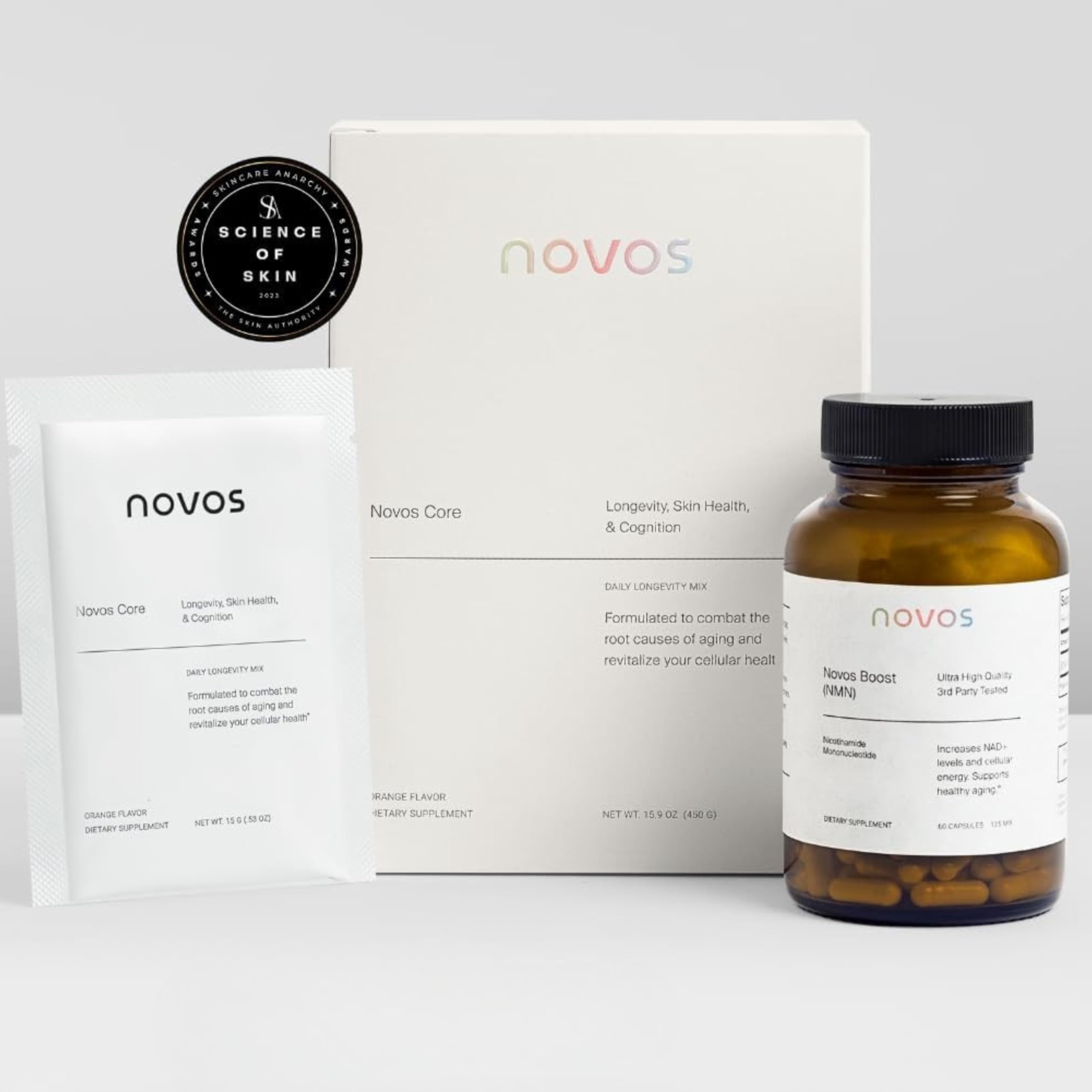 Novos Boost NMN — Emballage-boîte: presentation soignee pour la routine sante.