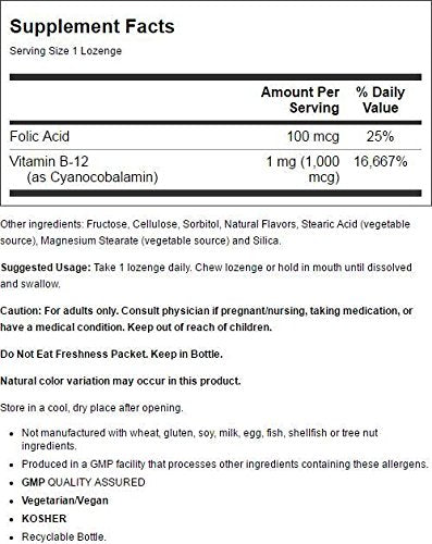 NOW B-12 1000 mcg pastilles, utilisation quotidienne potentielle pour le métabolisme.