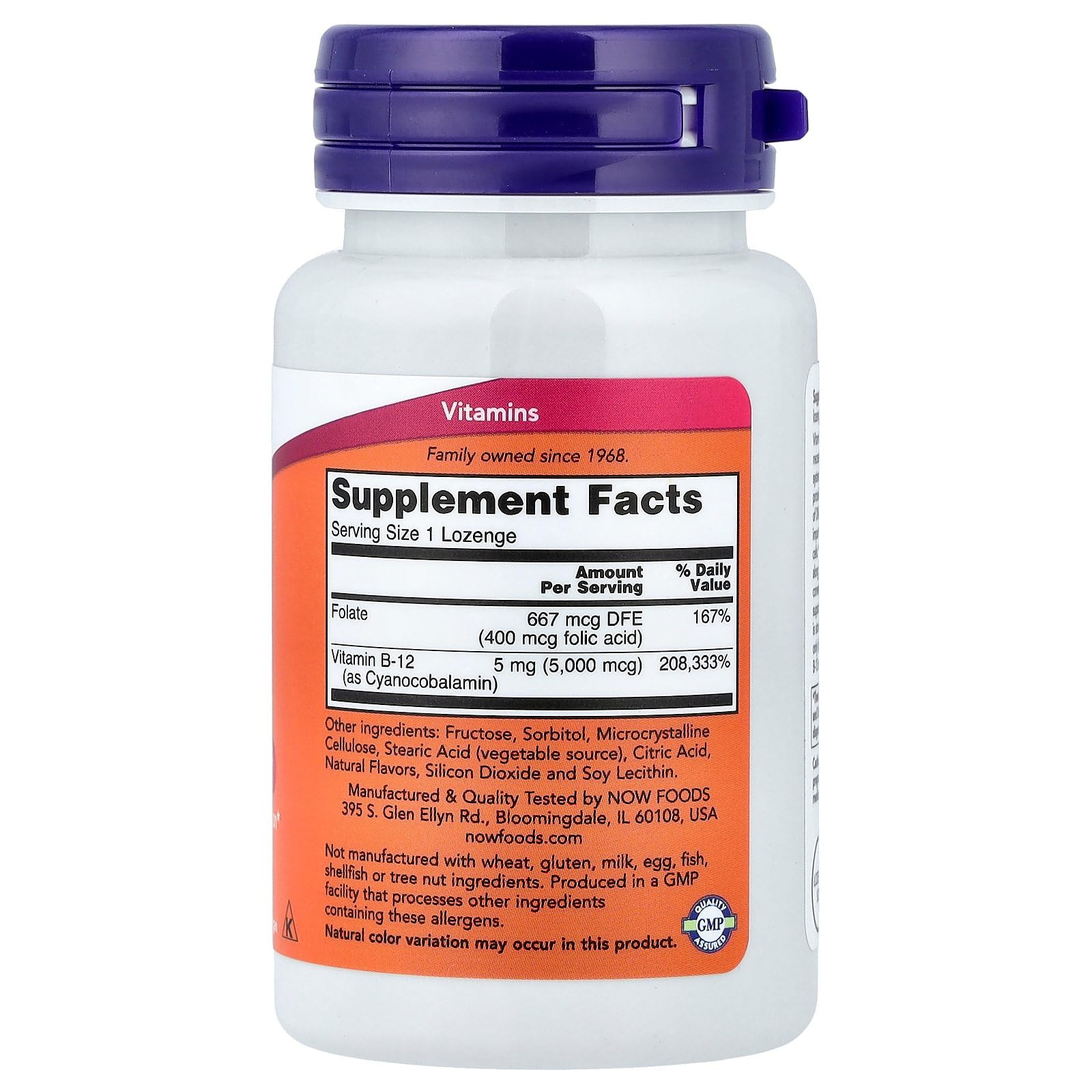 NOW B-12 5 000 mcg — étiquette du produit, dosage clair pour un usage régulier