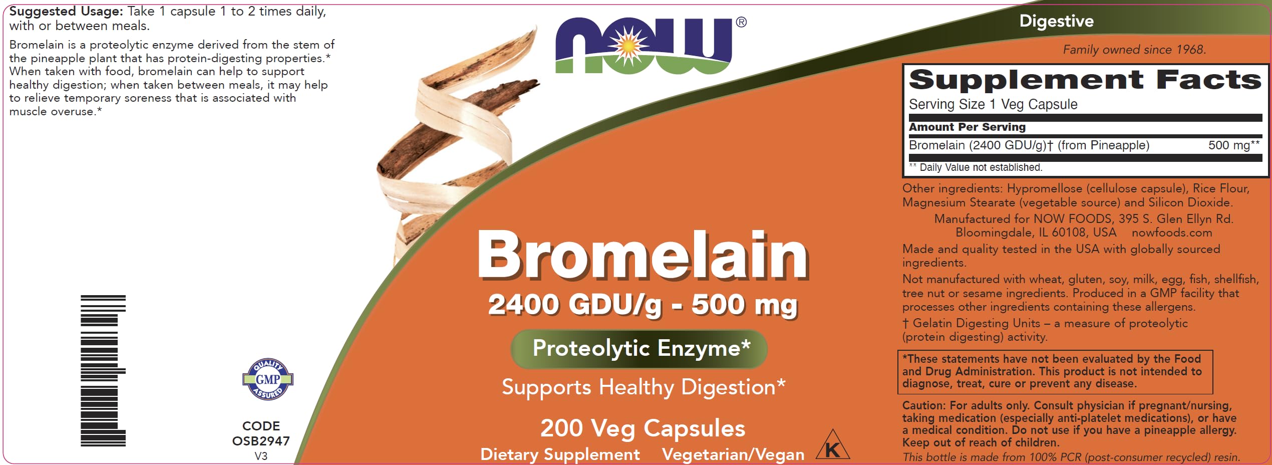 NOW Bromélaïne: étiquette et emballage, produit vegan et pur.